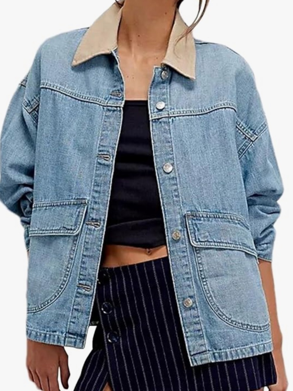Light Blue Denim Jacket with Contrast Tan Collar